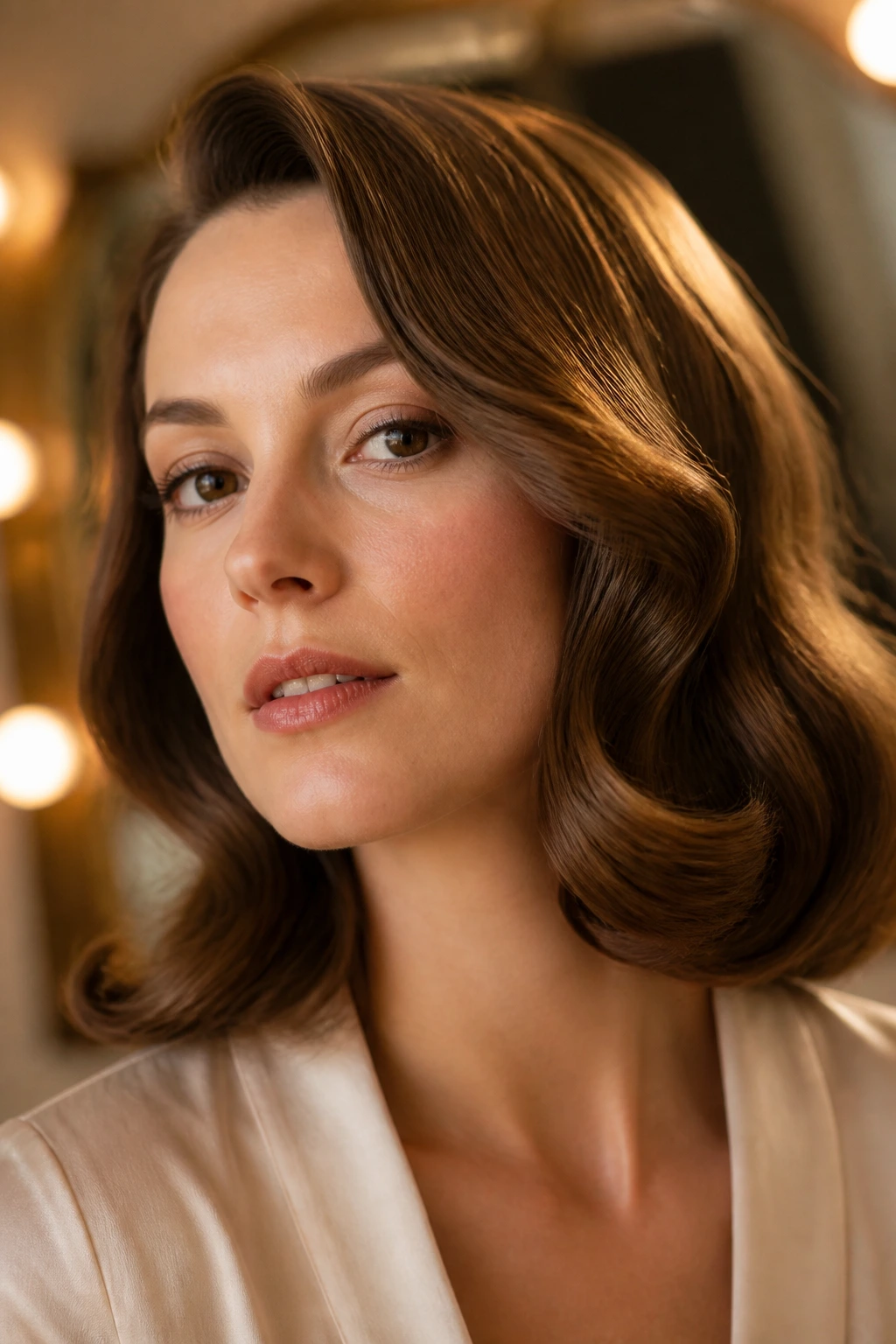 Close-up of a real woman with Soft Vintage Waves with tucked ends