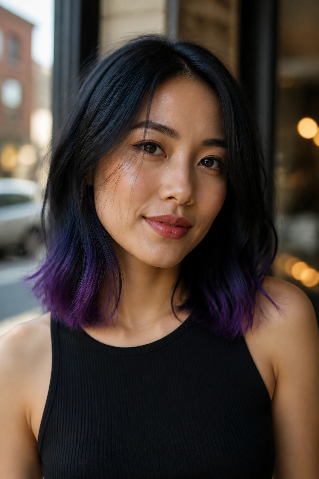 Close-up of a real woman with shoulder-length hair and violet ends