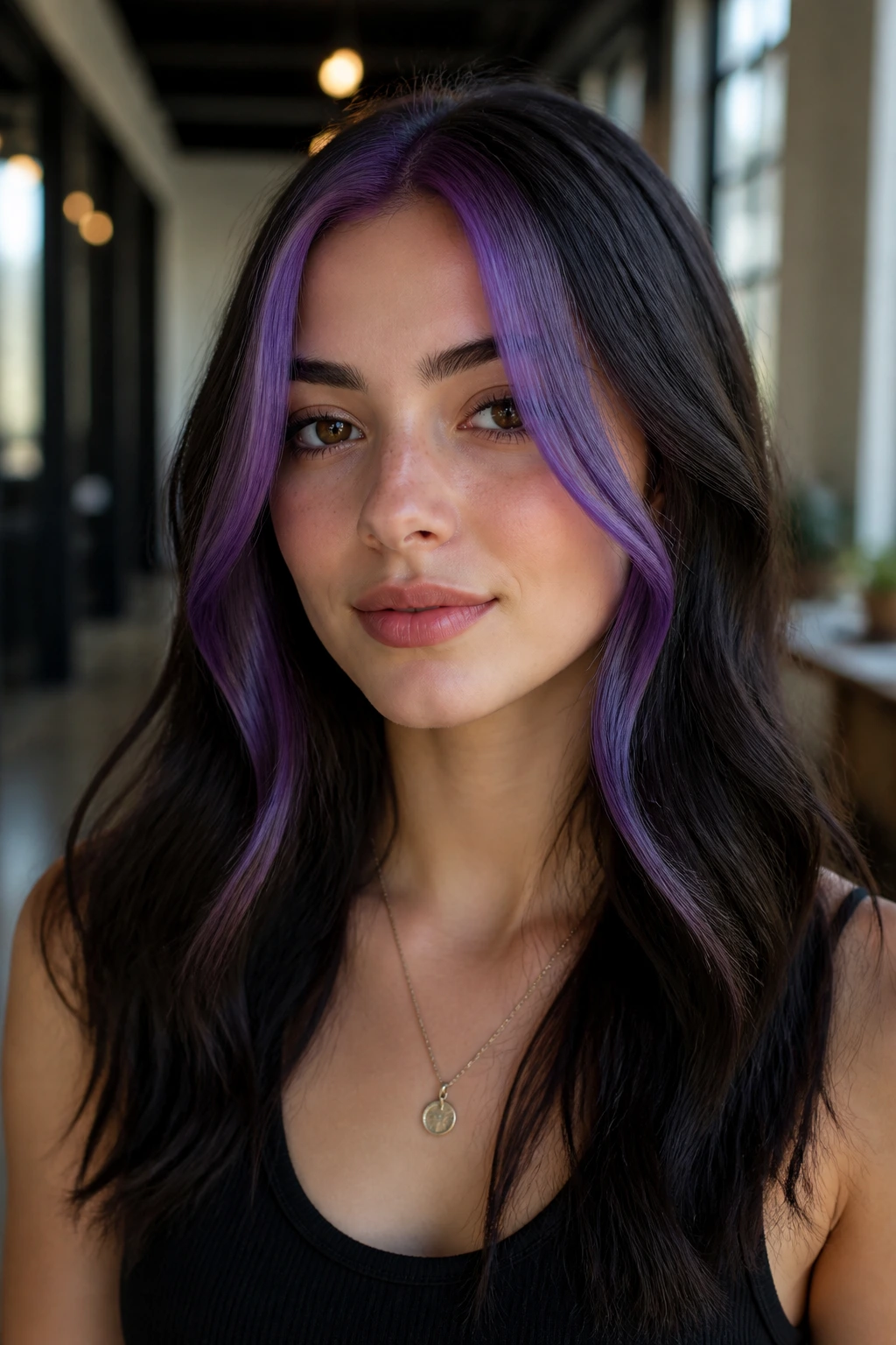 Woman with violet money pieces framing her face against dark base hair