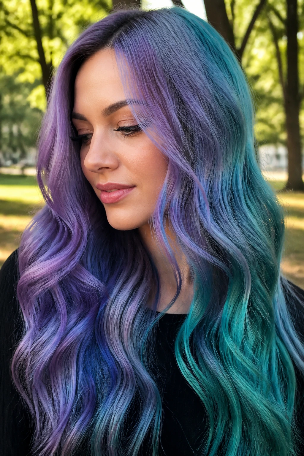 Real person with violet and teal split ends in long hair, photographed in a sunlit park.