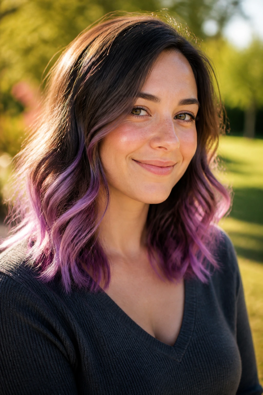 Close-up of a real woman with violet-tipped waves and sunlit tips