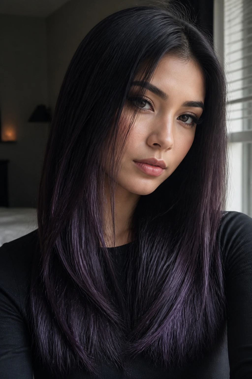 Close-up of real woman with violet-veiled black straight hair showing violet sheen