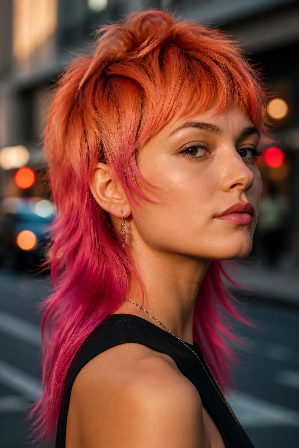 Close-up of a real woman with a vivid copper-pink mullet under golden-hour street lighting