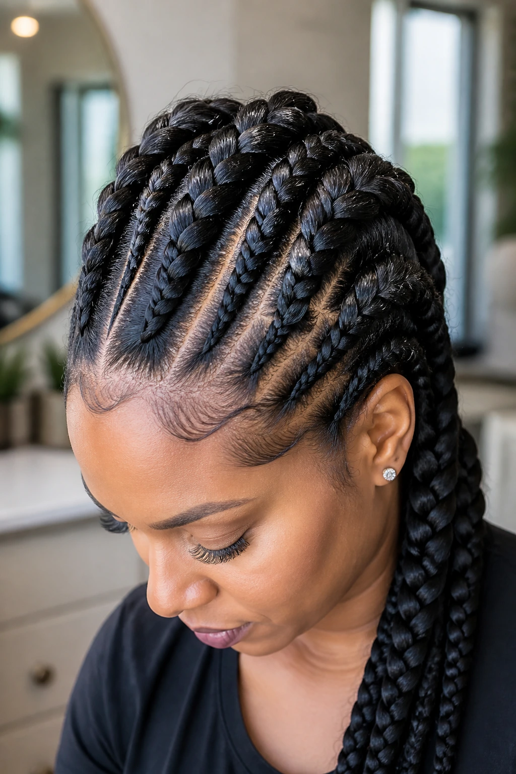 Portrait of a woman with voluminous braids and raised roots