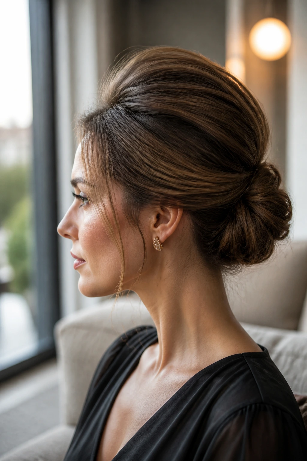 Close-up of a real woman with a volume-crown chignon showing crown lift and tucked bun.