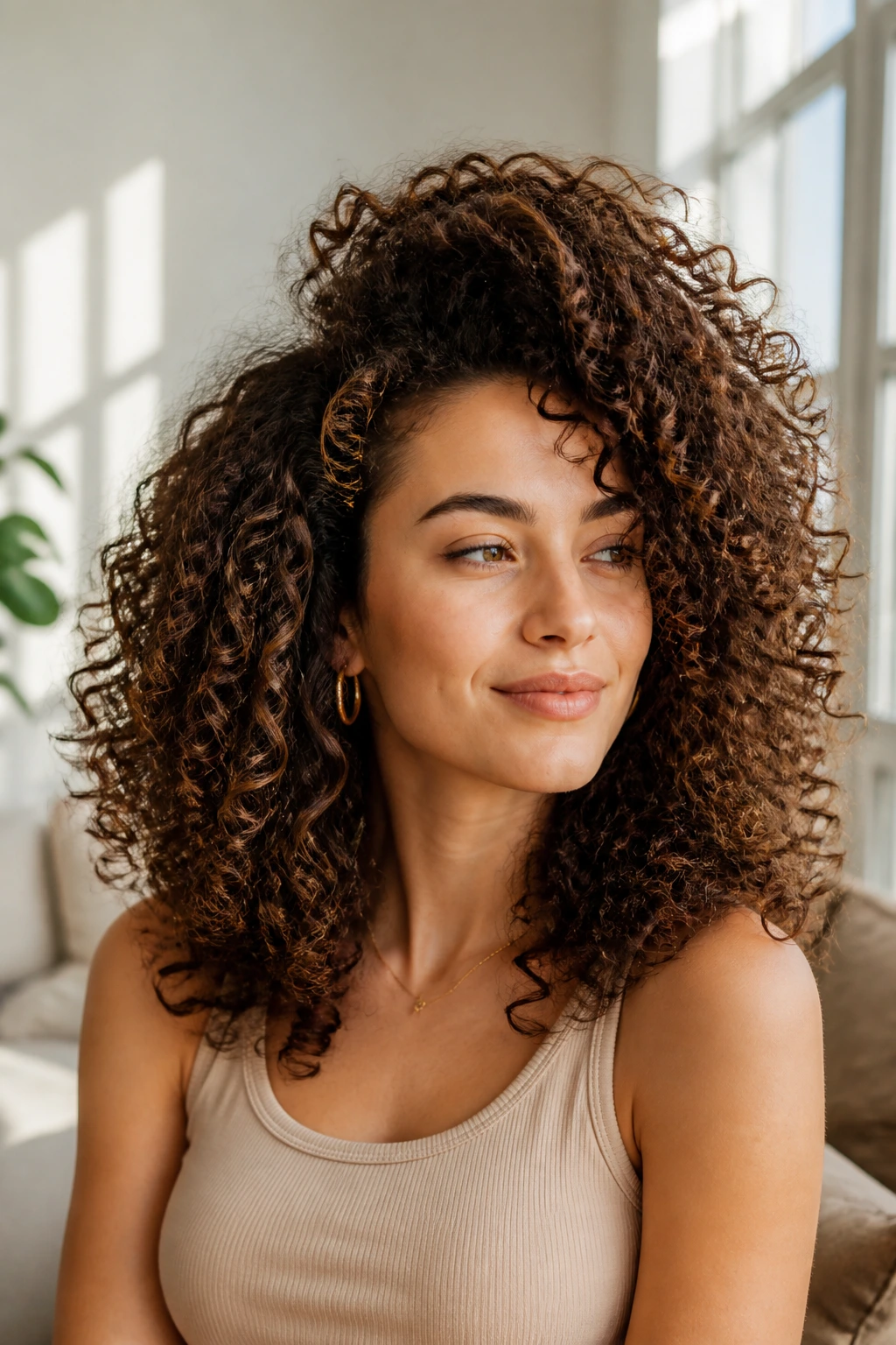 Portrait of a real person with lifted crown and voluminous top