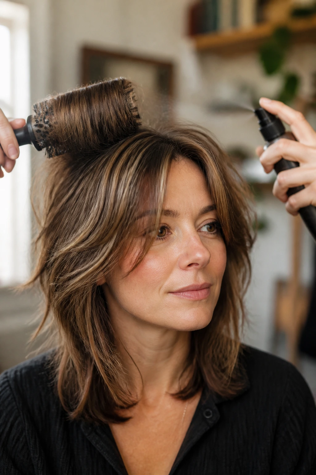 Real woman with fuller-looking shag through crown lift and texture.