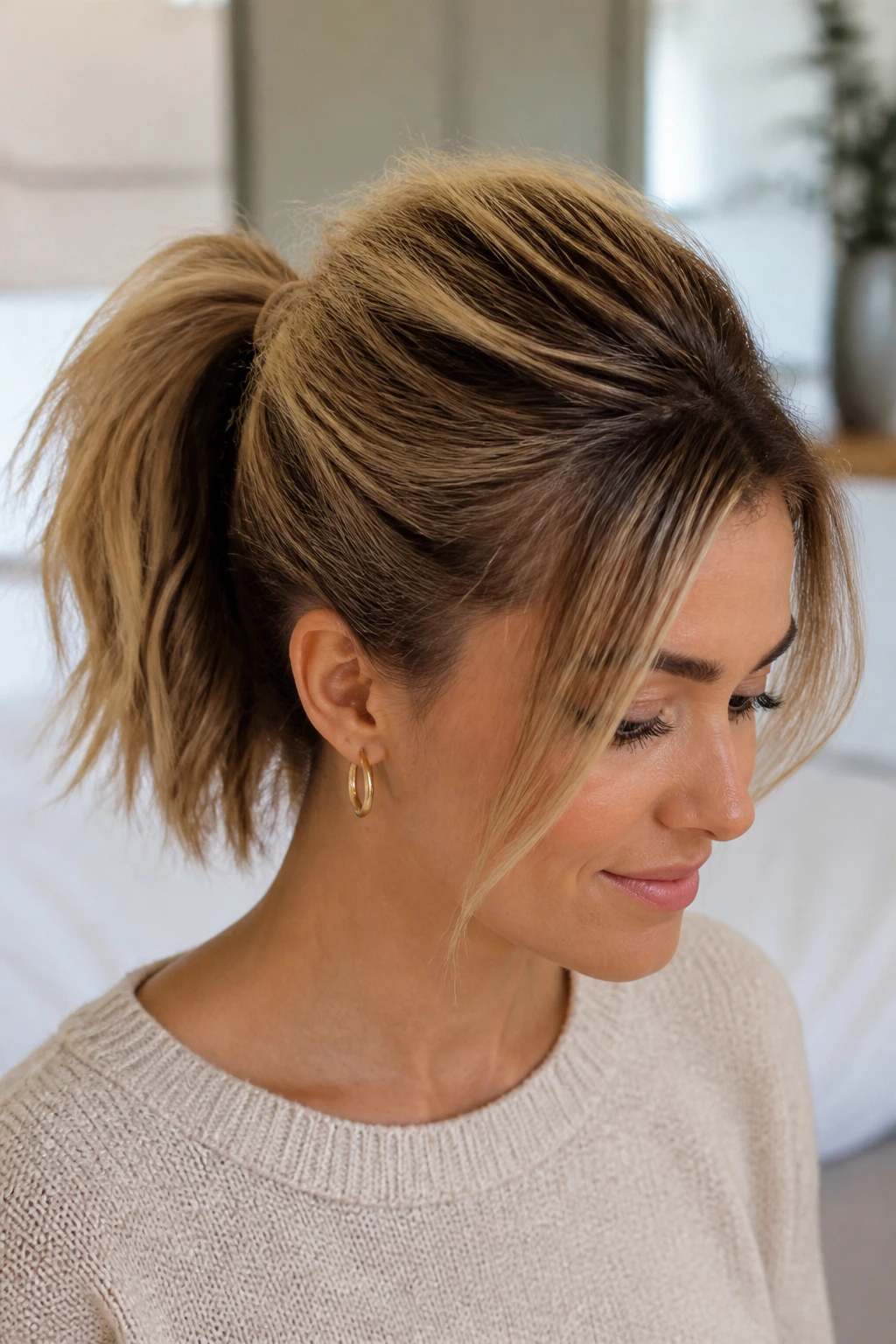 Close-up portrait of a real woman with a voluminous crown pony hairstyle