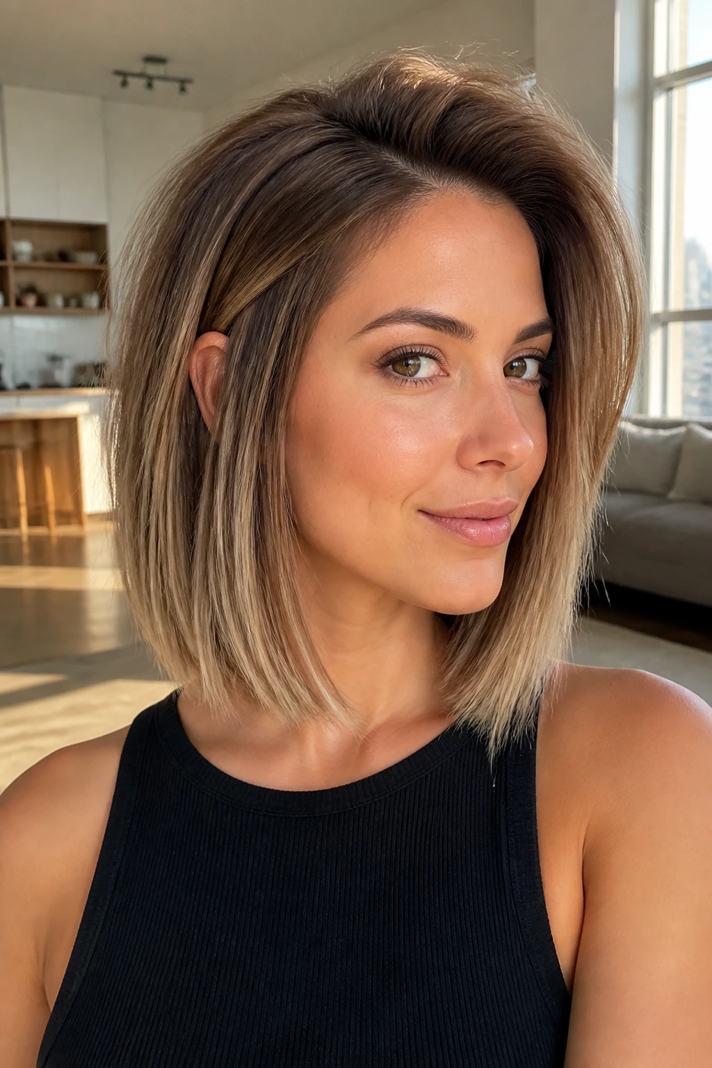 Close-up portrait of a real woman with volume-first lob and lifted crown