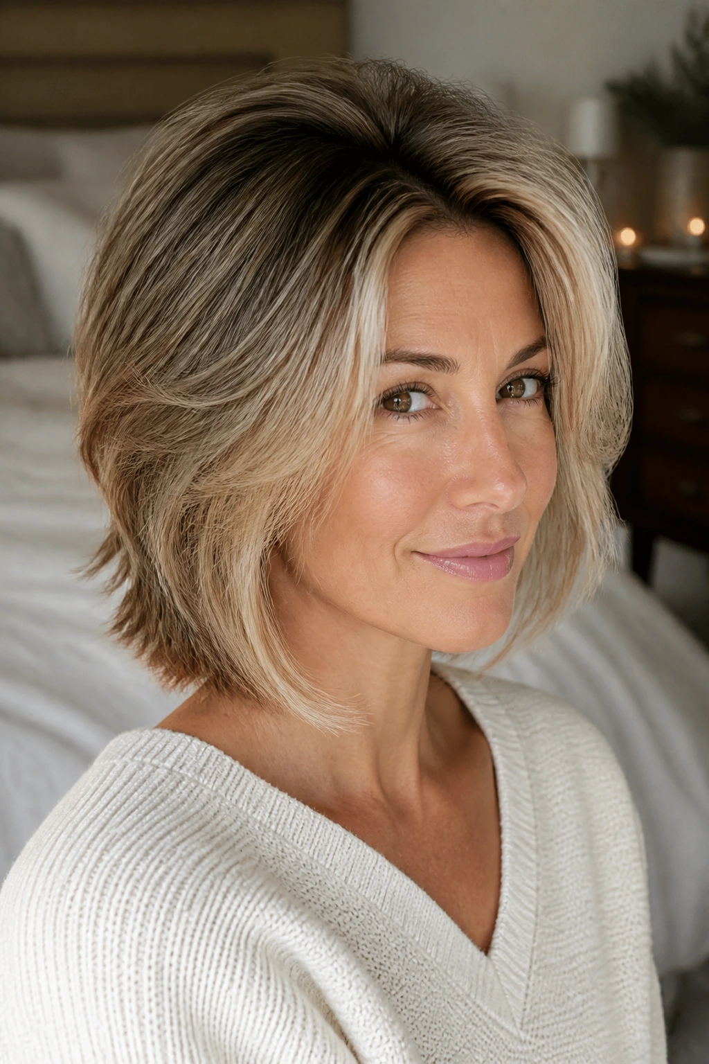 Close-up portrait of a woman with voluminous perimeter and lifted crown