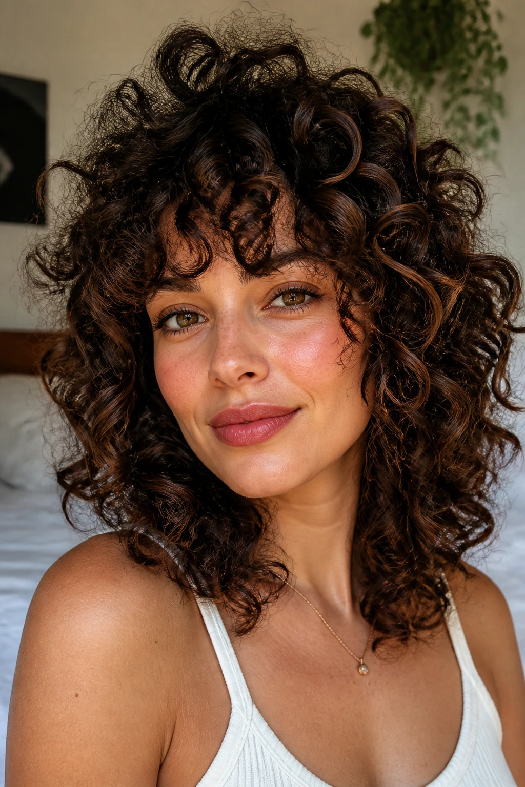 Close-up of a woman with volume-forward halo haircut and broken fringe in a softly lit bedroom