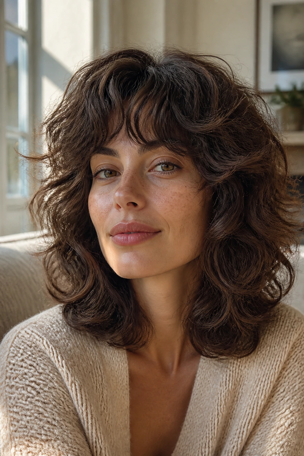 Close-up portrait of a real person with volume-heavy shag and rounded ends, wavy hair.