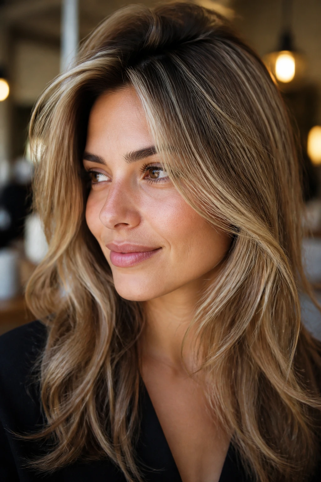 Real woman with volume-enhancing haircut featuring crown lift