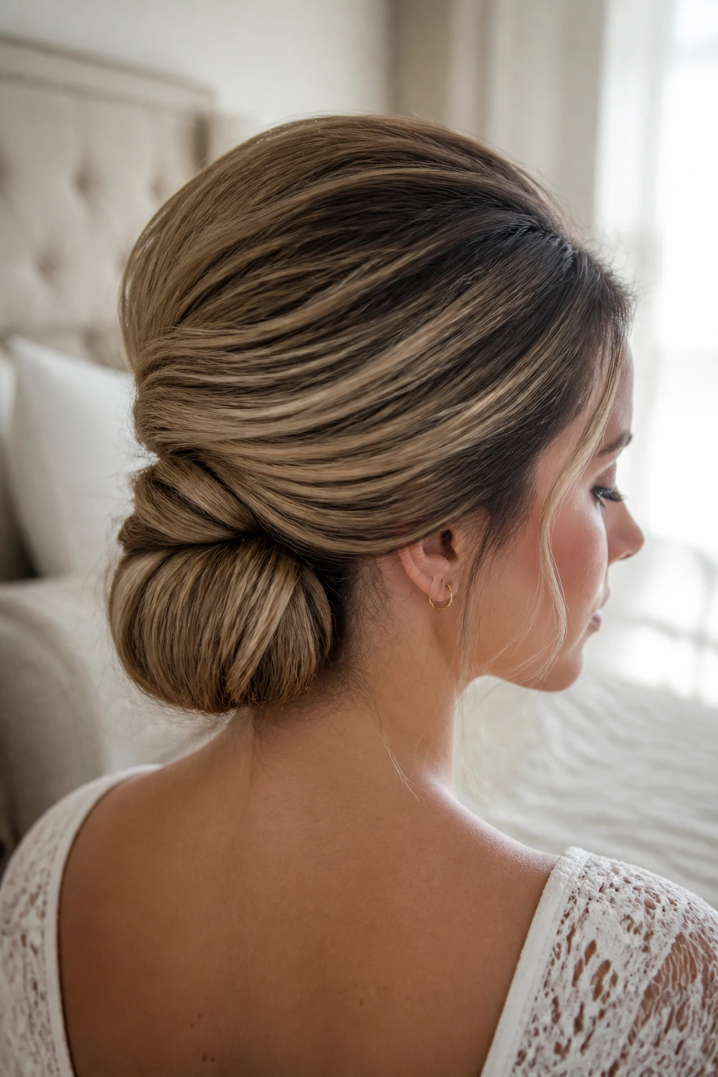 Close-up of a real woman with volume-lift chignon