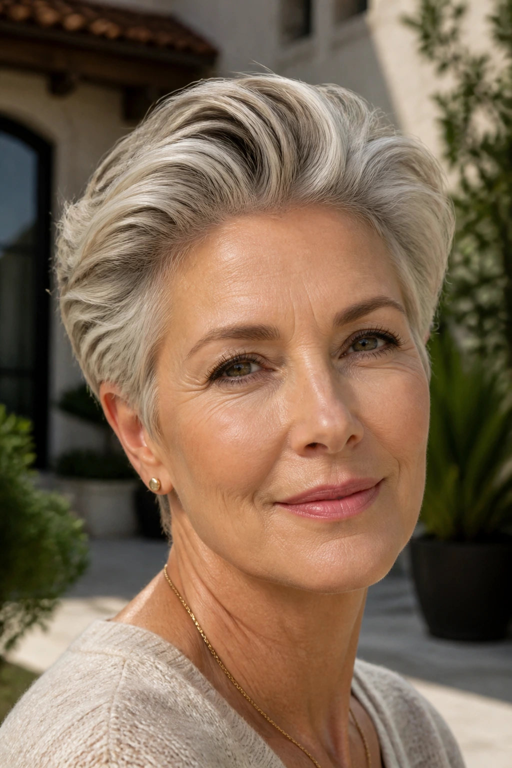 Close-up portrait of a real woman with a swept-back volume pixie showing lifted crown