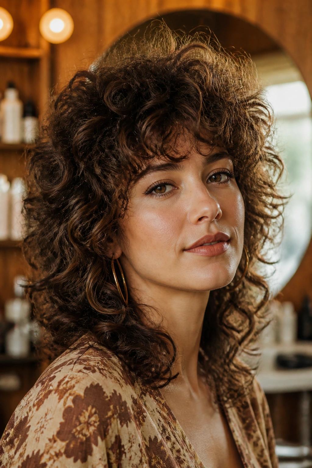Close-up portrait of a real woman with a voluminous Seventies Volume Shag on thick curly hair