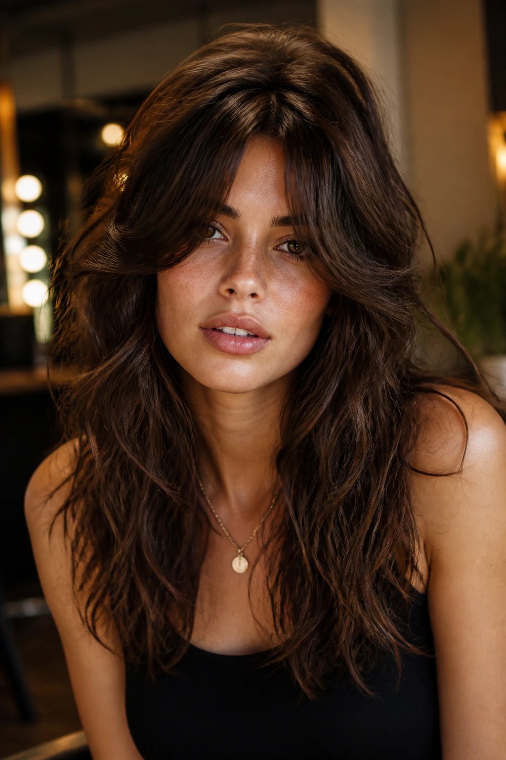 Portrait of a real woman with high crown volume shag and deep curtain fringe
