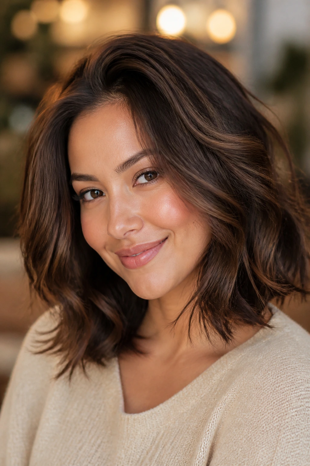 Portrait showing voluminous shiny shoulder-length hair