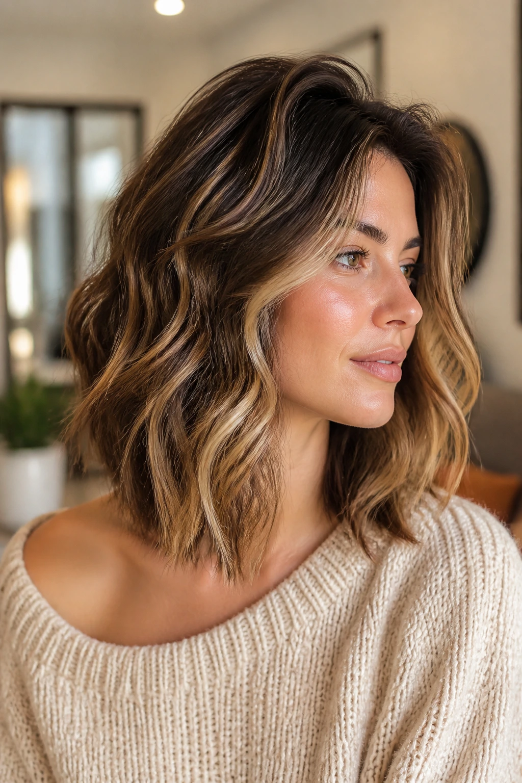Close-up of glossy waves with volume on real woman's lob