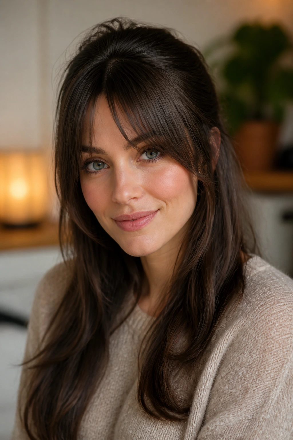 Real woman showing volume and soft fringe with hold tips