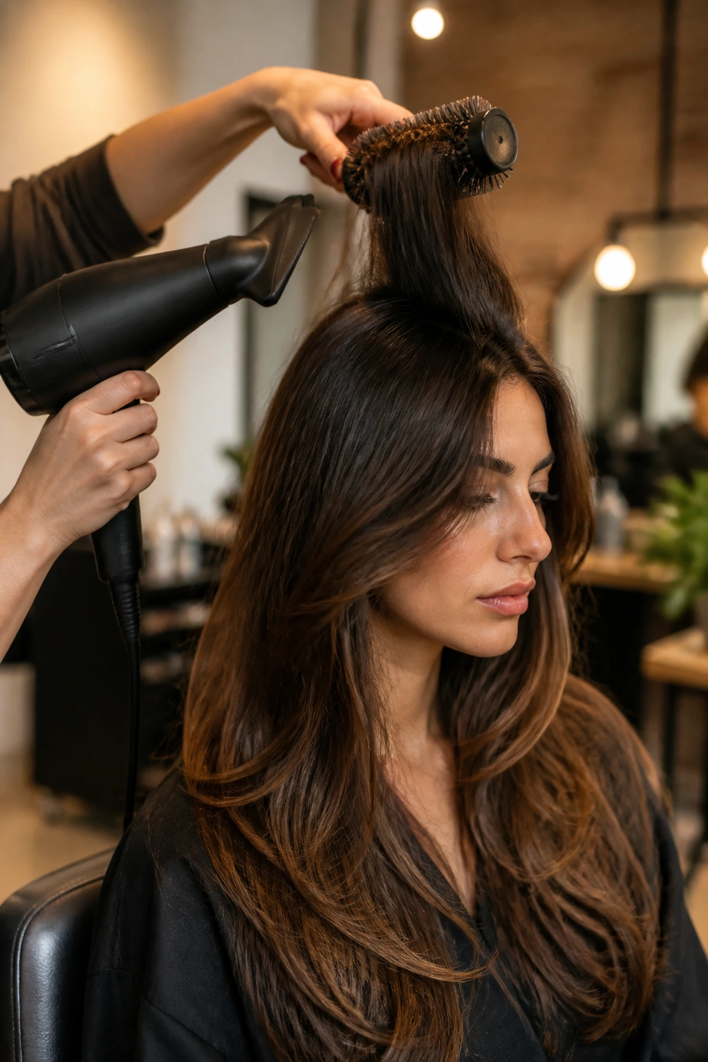 Portrait of a person with lifted crown during styling to maintain volume