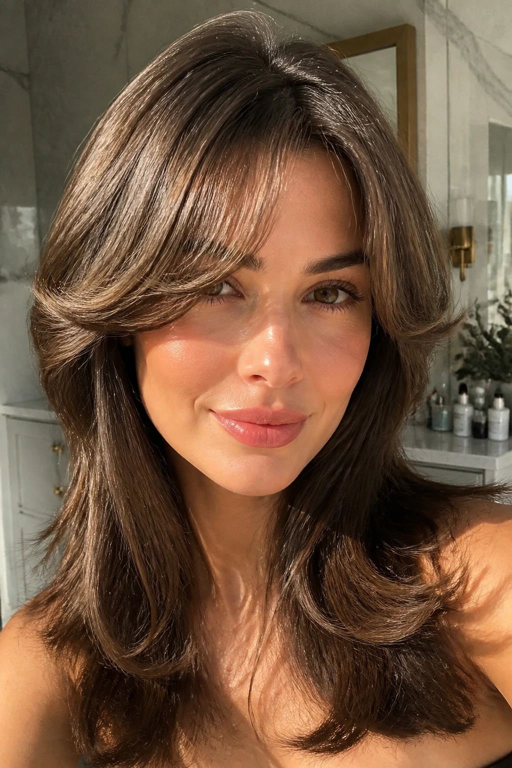 Close-up portrait with high-volume curtain bangs showing lift and bend