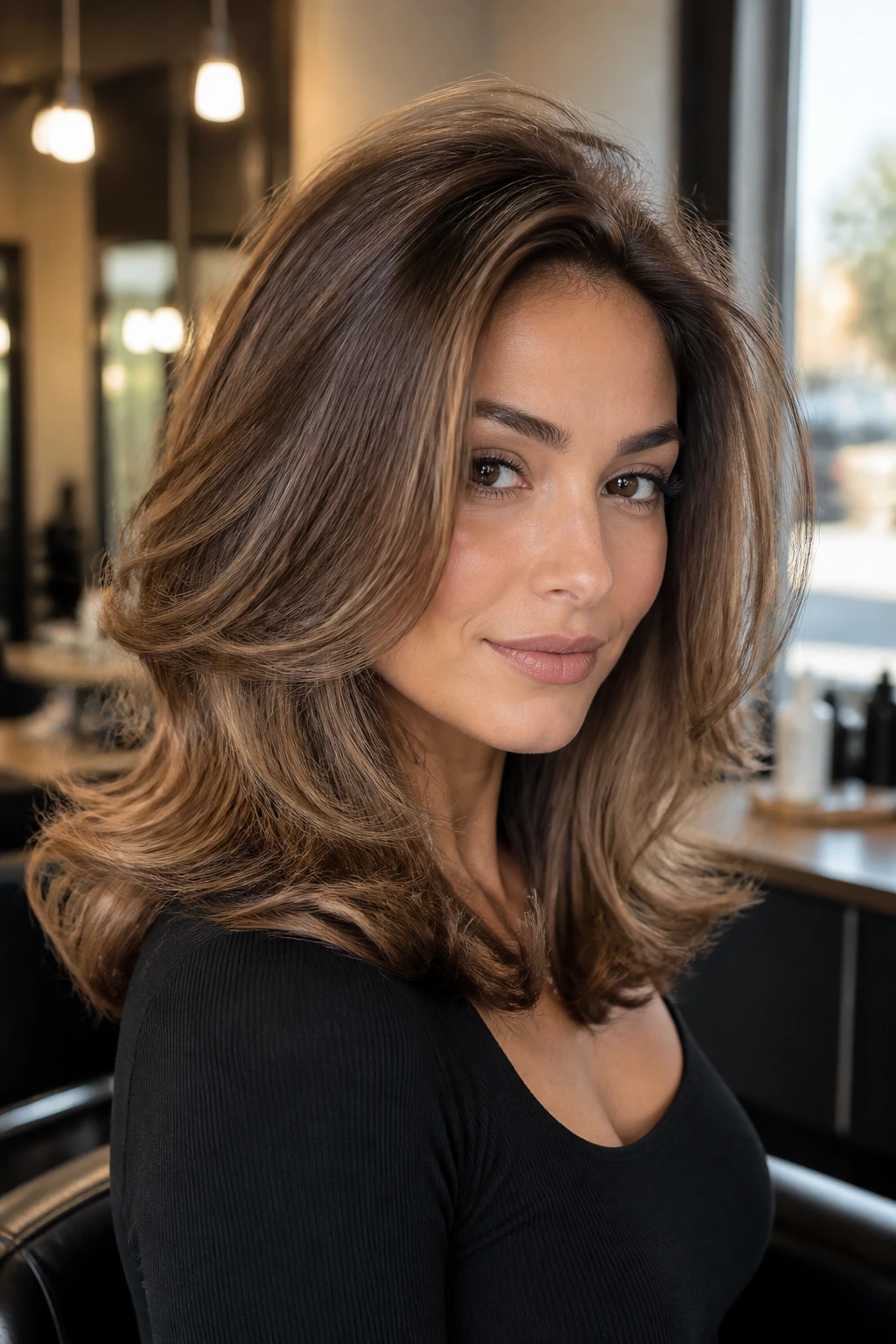 Close-up of a real woman with voluminous blowout and bent ends in a salon