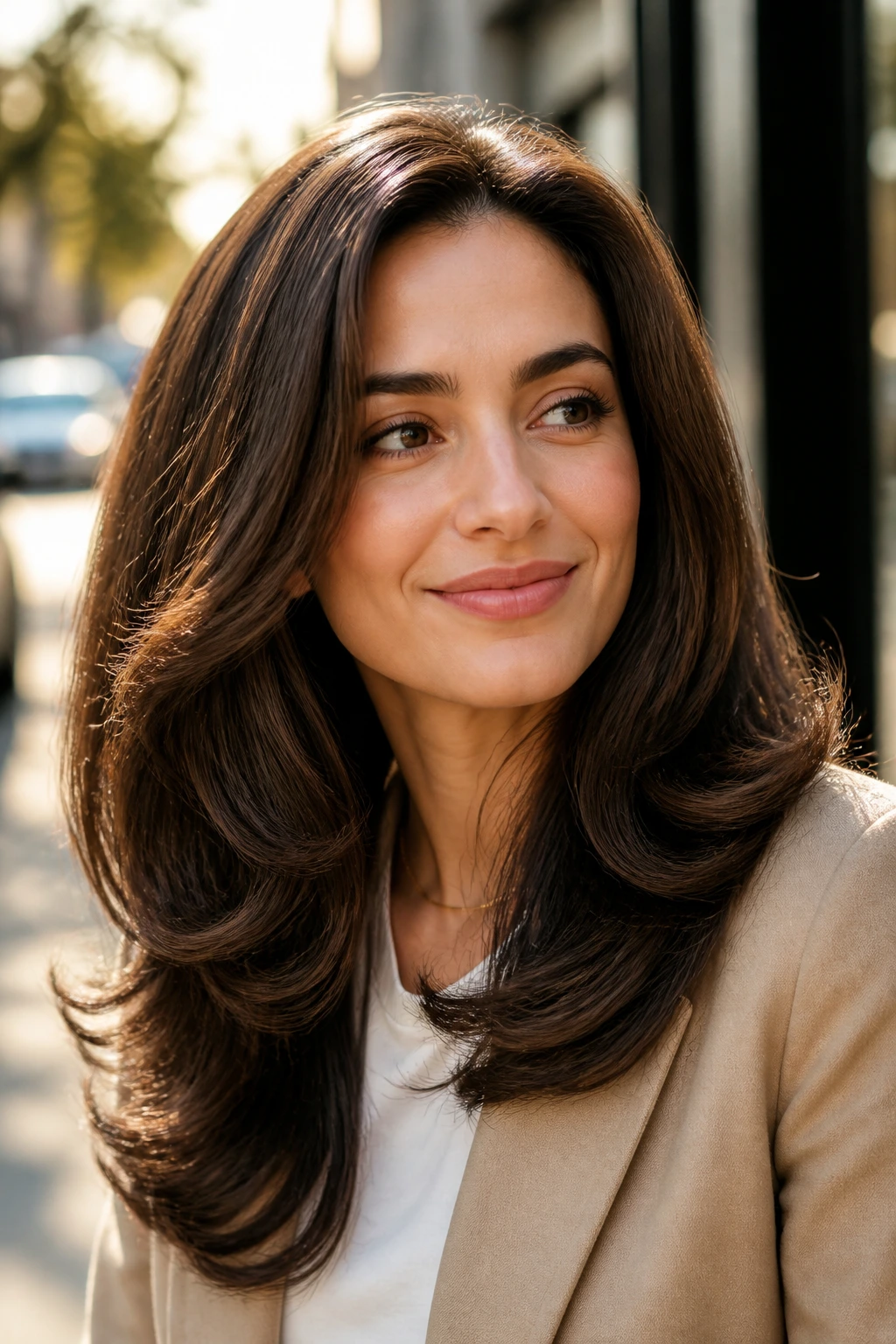 Close-up portrait of a person with a voluminous blowout and bouncy ends