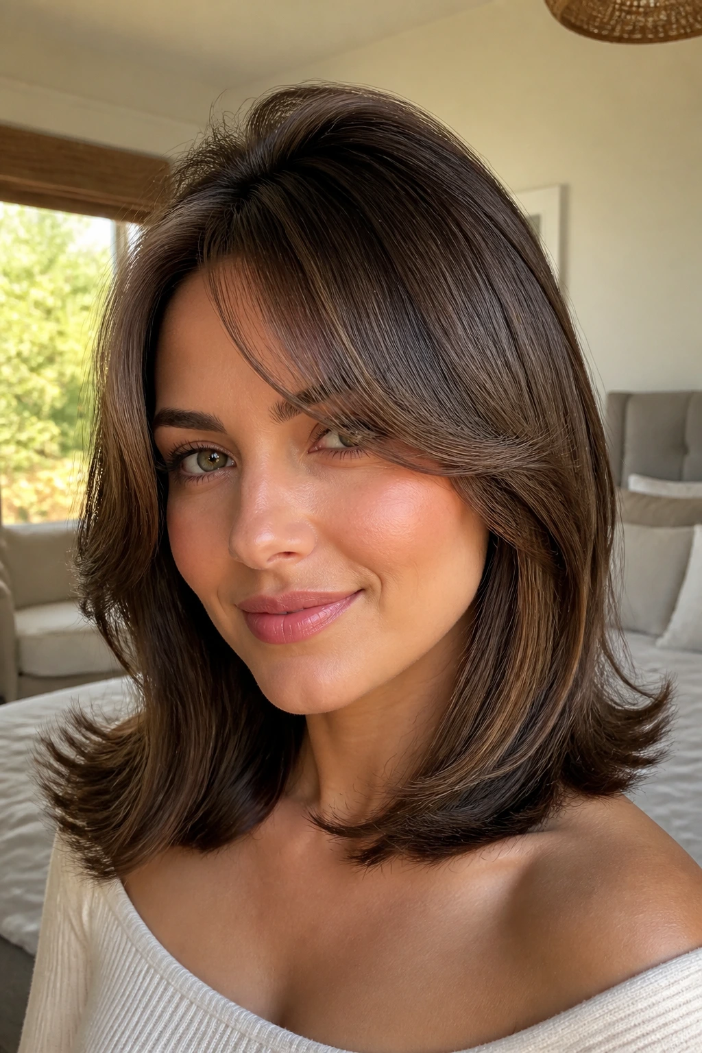 Close-up of a real woman with Voluminous Blowout Lob With Flip-Out Bangs