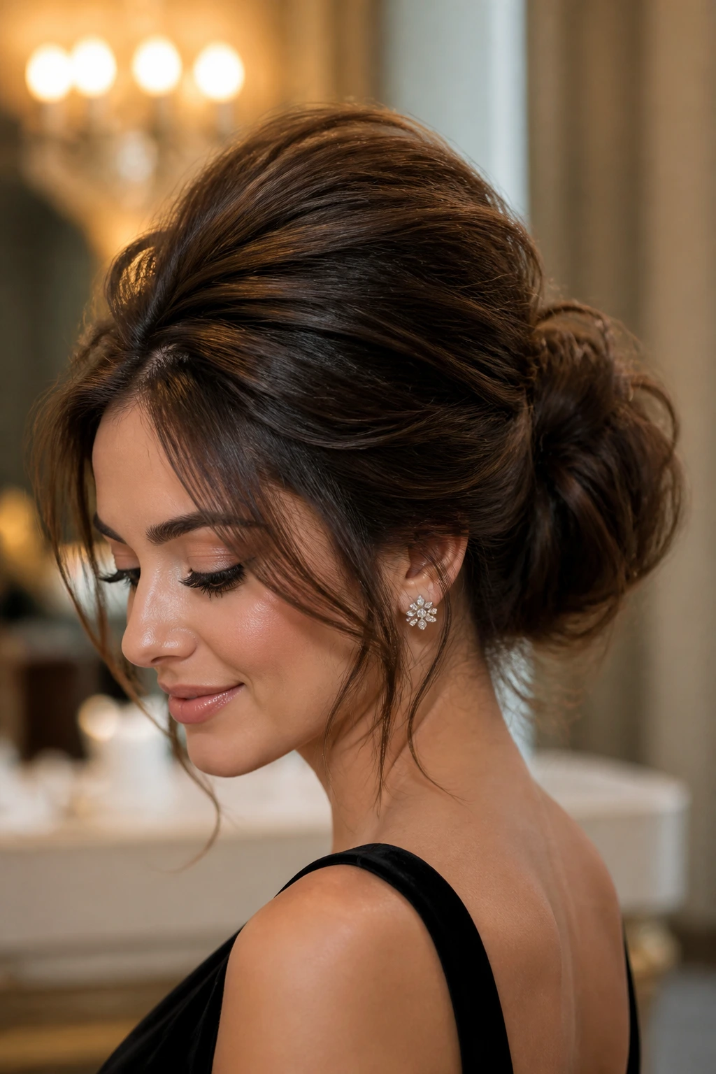 Close-up portrait of a real woman with voluminous bouffant bun
