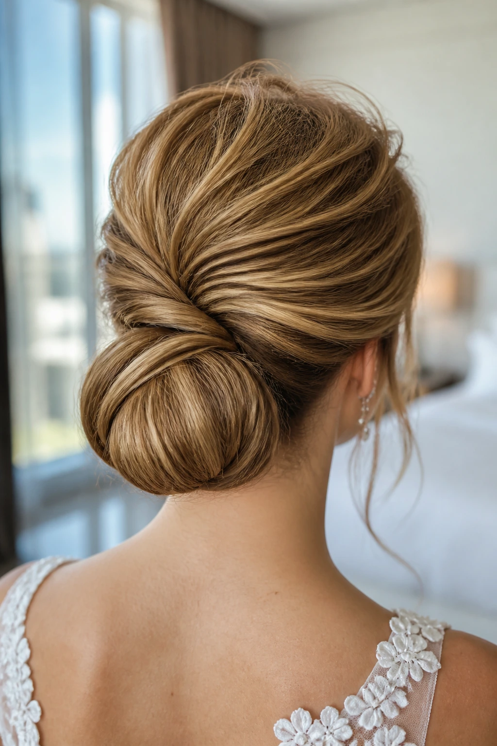 Back view of real bride with voluminous crown lift and low bun