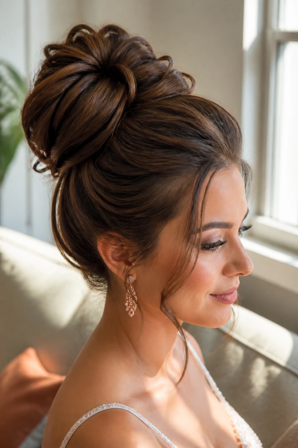 Close-up of voluminous crown bun on real woman
