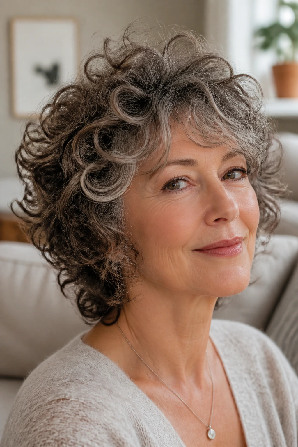 Close-up of a real woman with voluminous crown curls and lifted crown