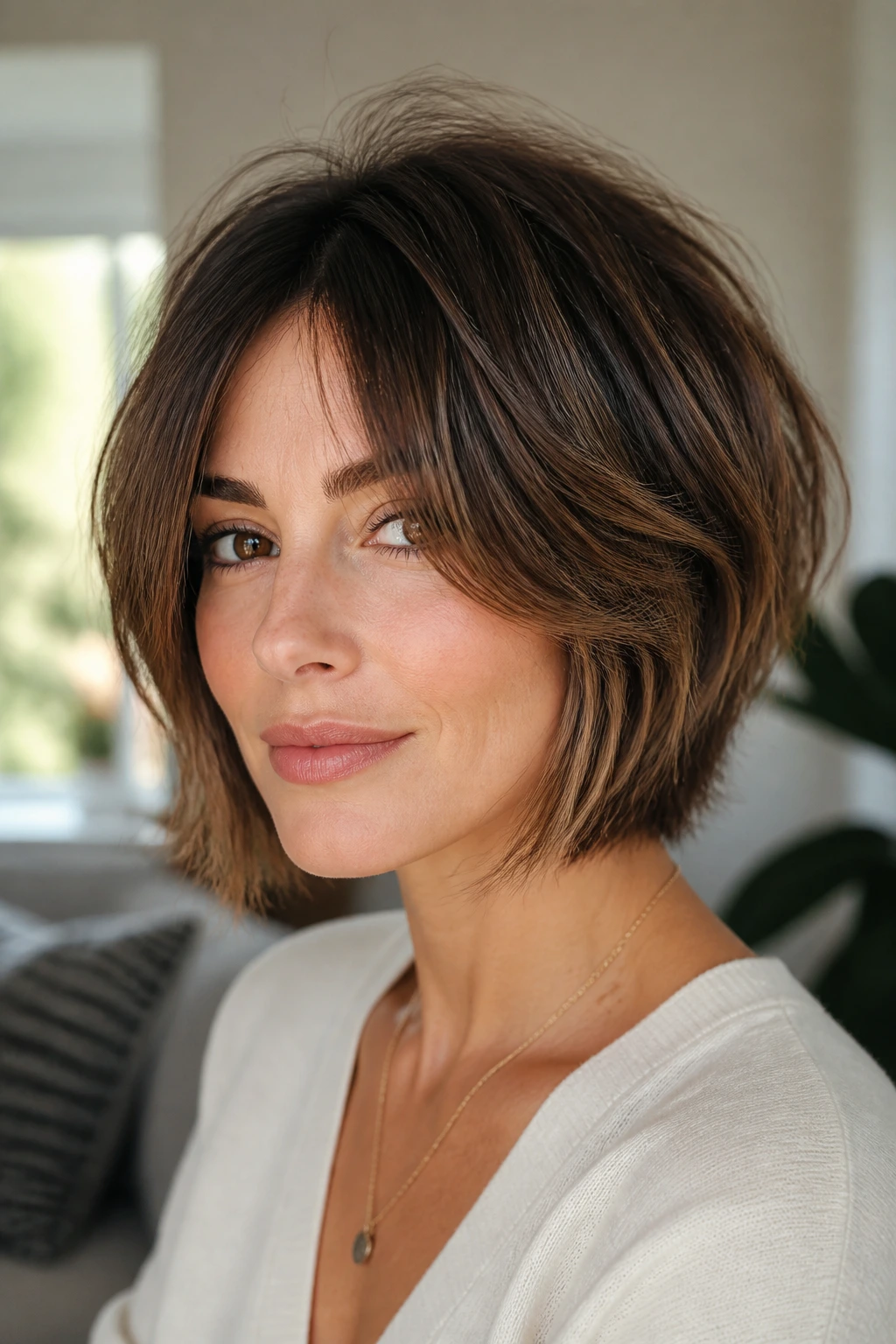 Close-up portrait of a real woman with a voluminous crown bob and curtain layers