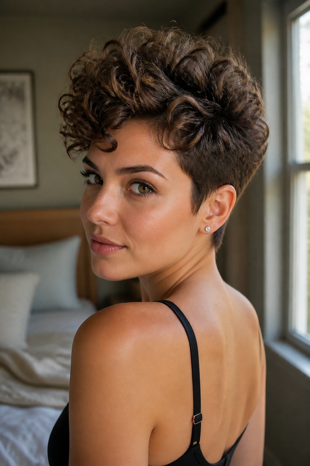 Close-up portrait of a real woman with voluminous crown pixie hairstyle in warm window light
