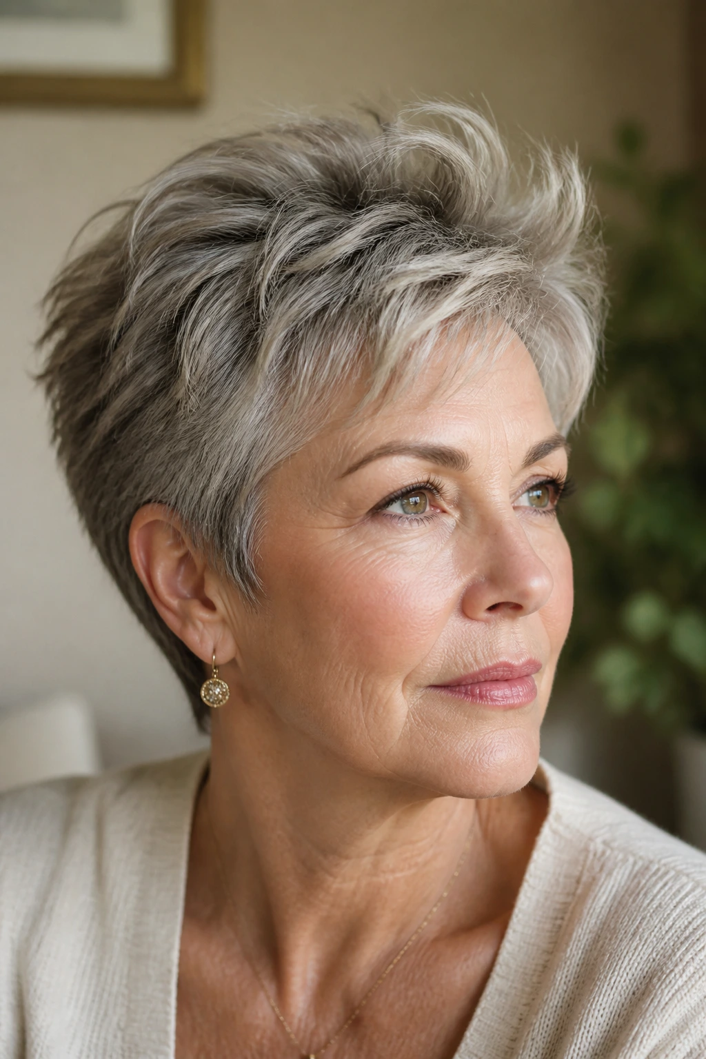 Real woman portrait with voluminous crown layered pixie hairstyle and crown lift