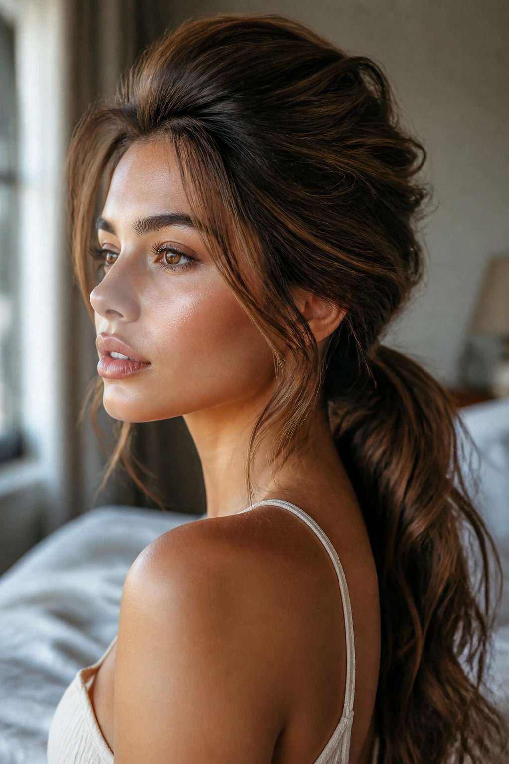 Close-up portrait of a real woman with voluminous crown lift and low ponytail at the nape