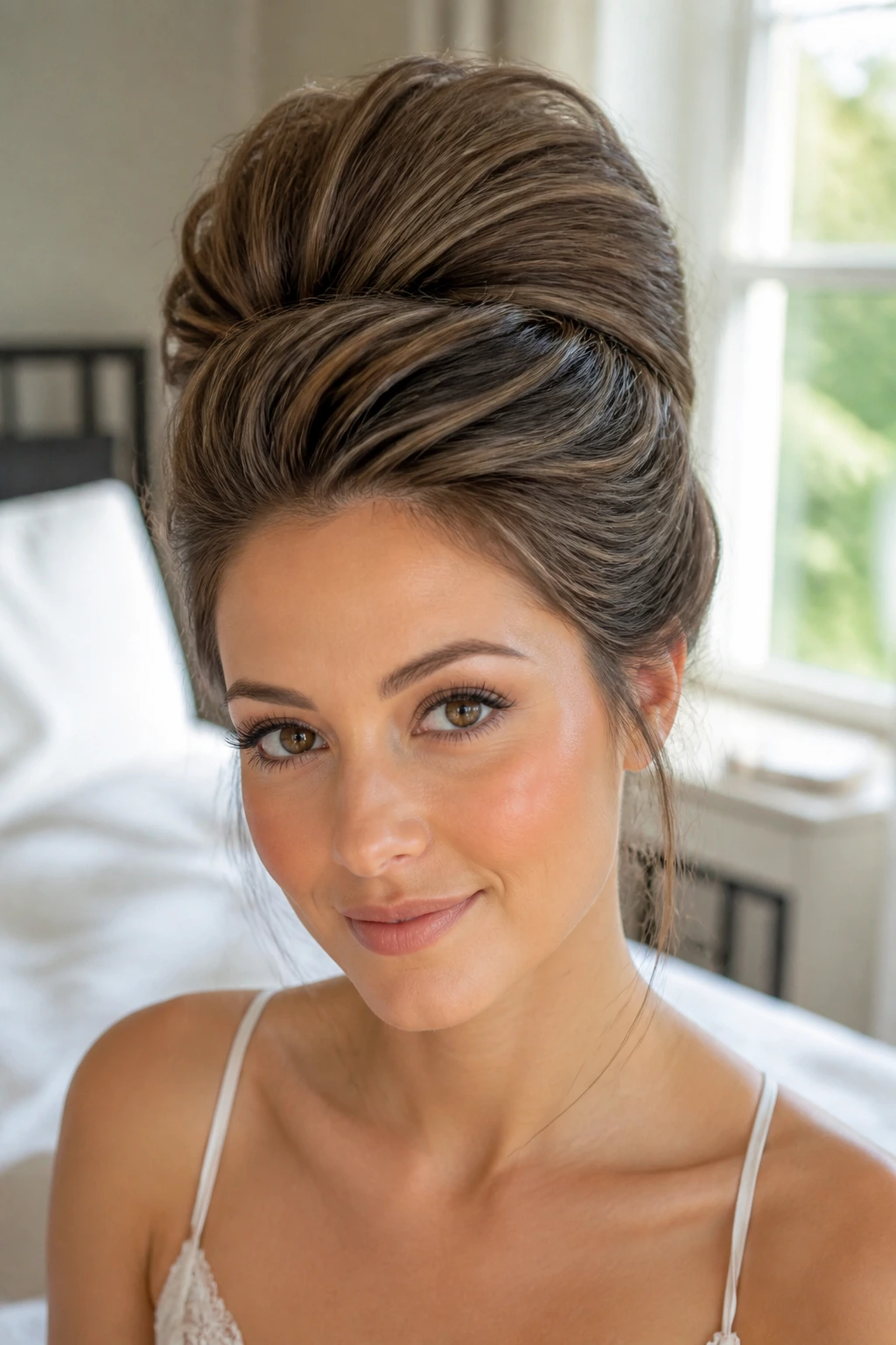 Close-up of a real woman with a voluminous crown puff beehive