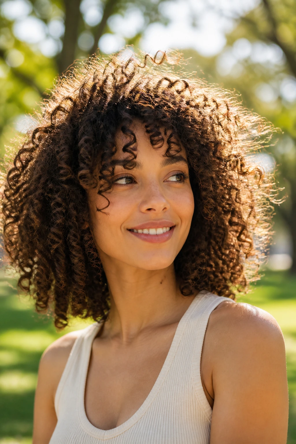 Outdoor portrait of a person with a moving, shape-retaining curly hairstyle in golden hour light.