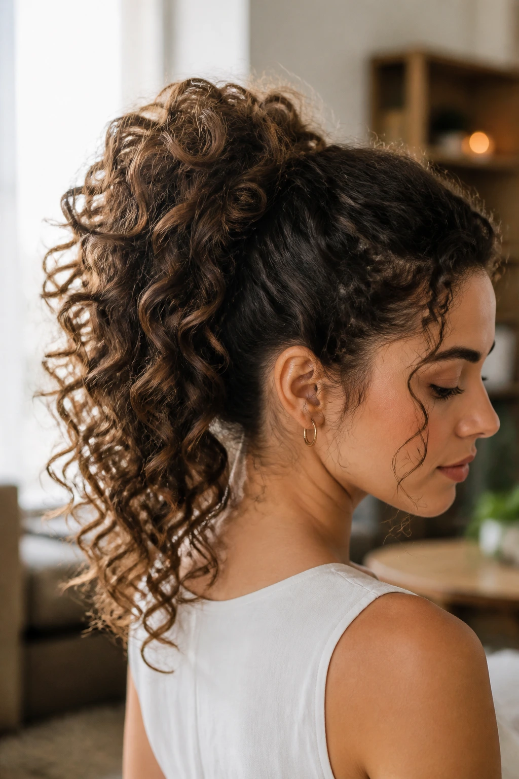 Close-up portrait of a real woman with voluminous curly ponytail.