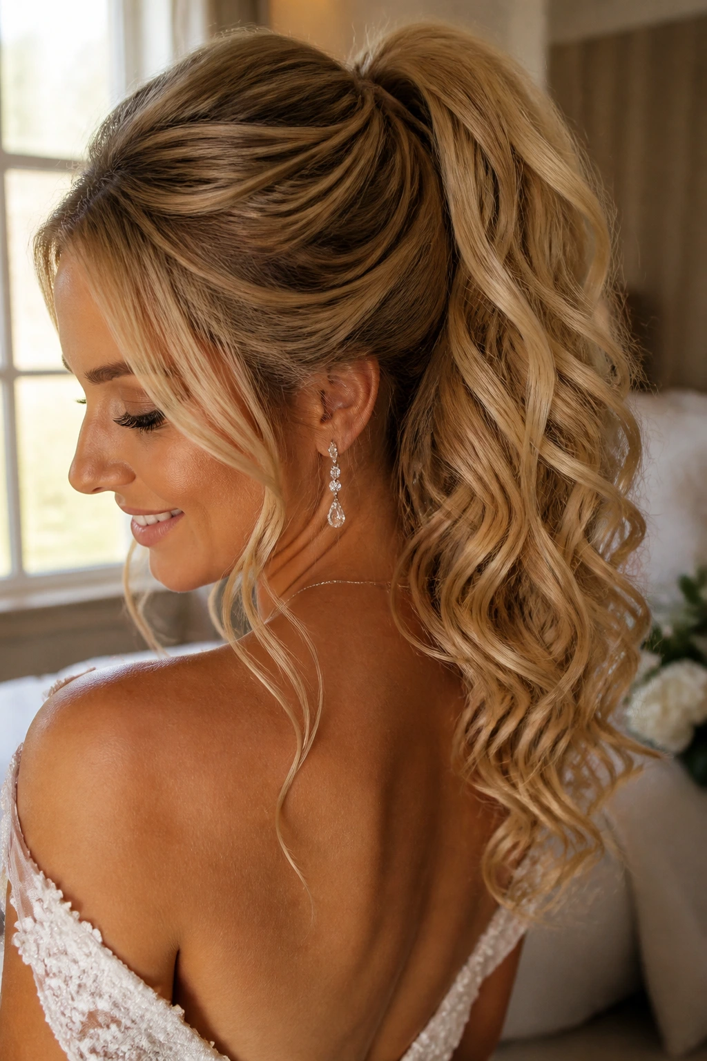 Close-up of voluminous curled ponytail on real bride with crown lift in bridal suite