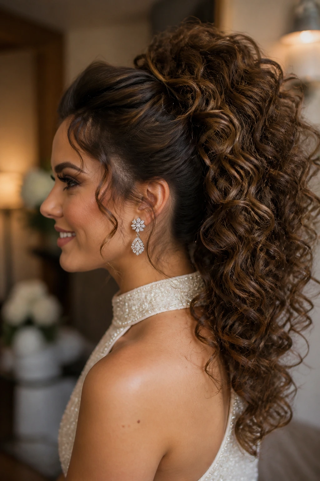 Bride with voluminous high curly pony portrait