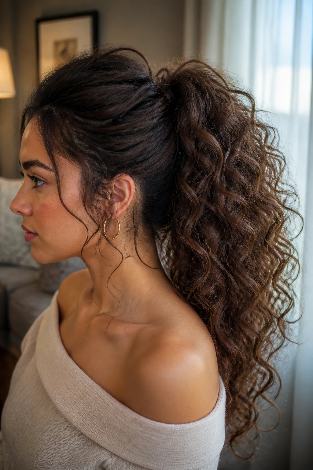 Close-up of a real woman with a voluminous curly ponytail