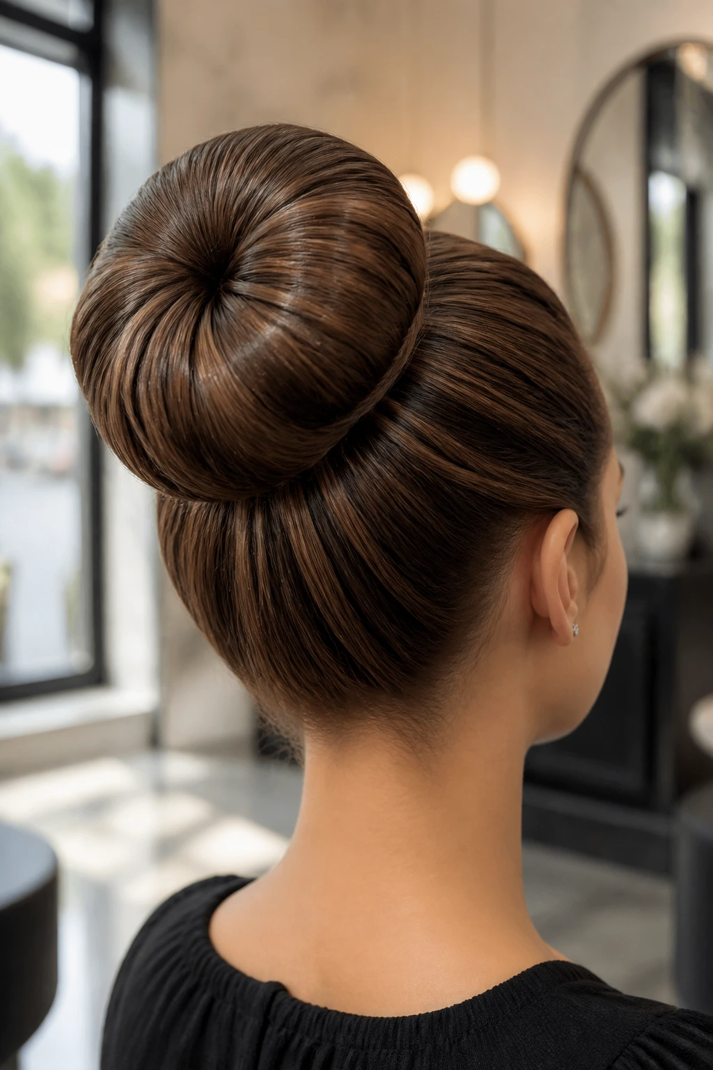 Back view of a woman with a voluminous donut bun, hair smoothly wrapped around a donut base