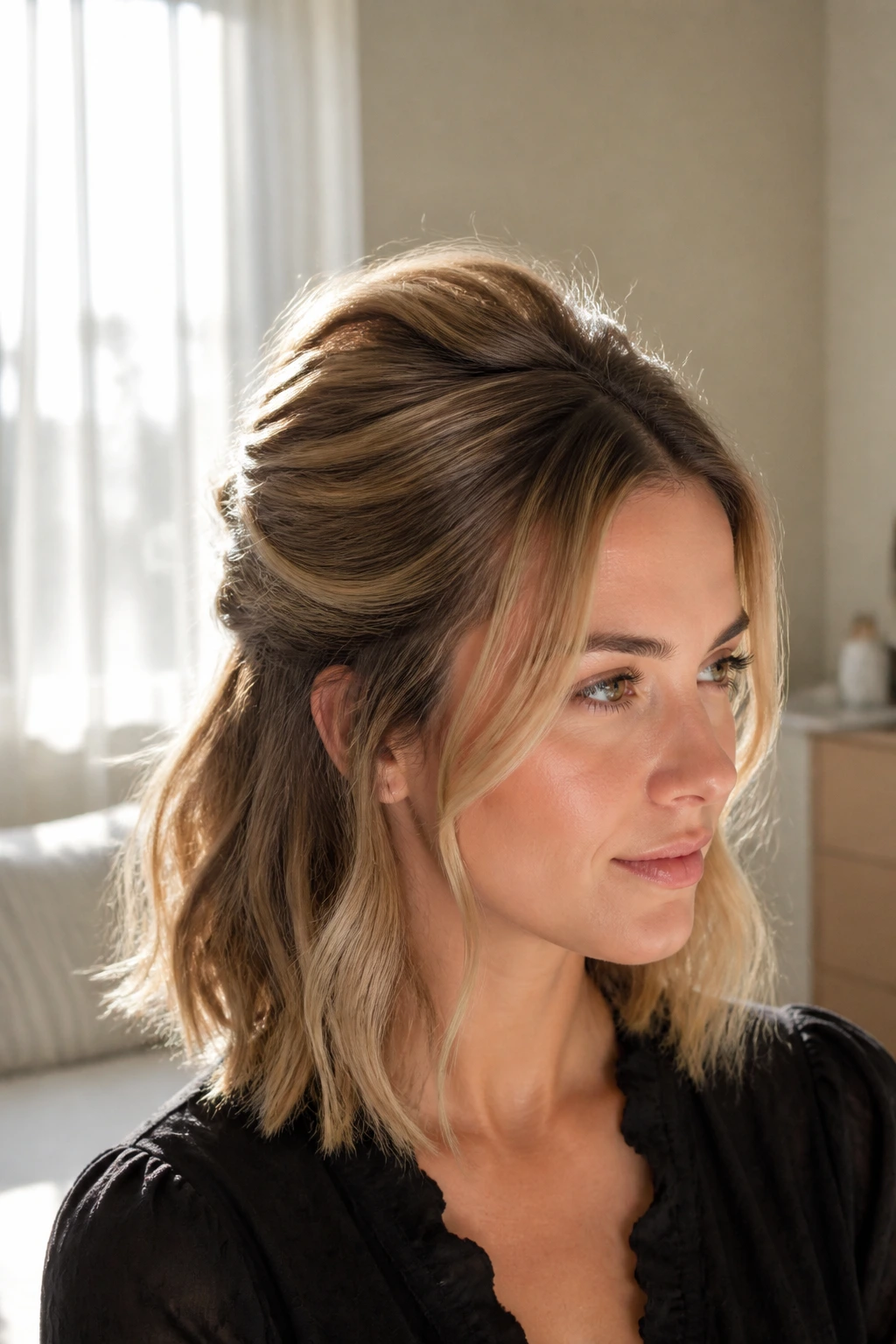 Close-up portrait of a real woman with a voluminous half-up crown