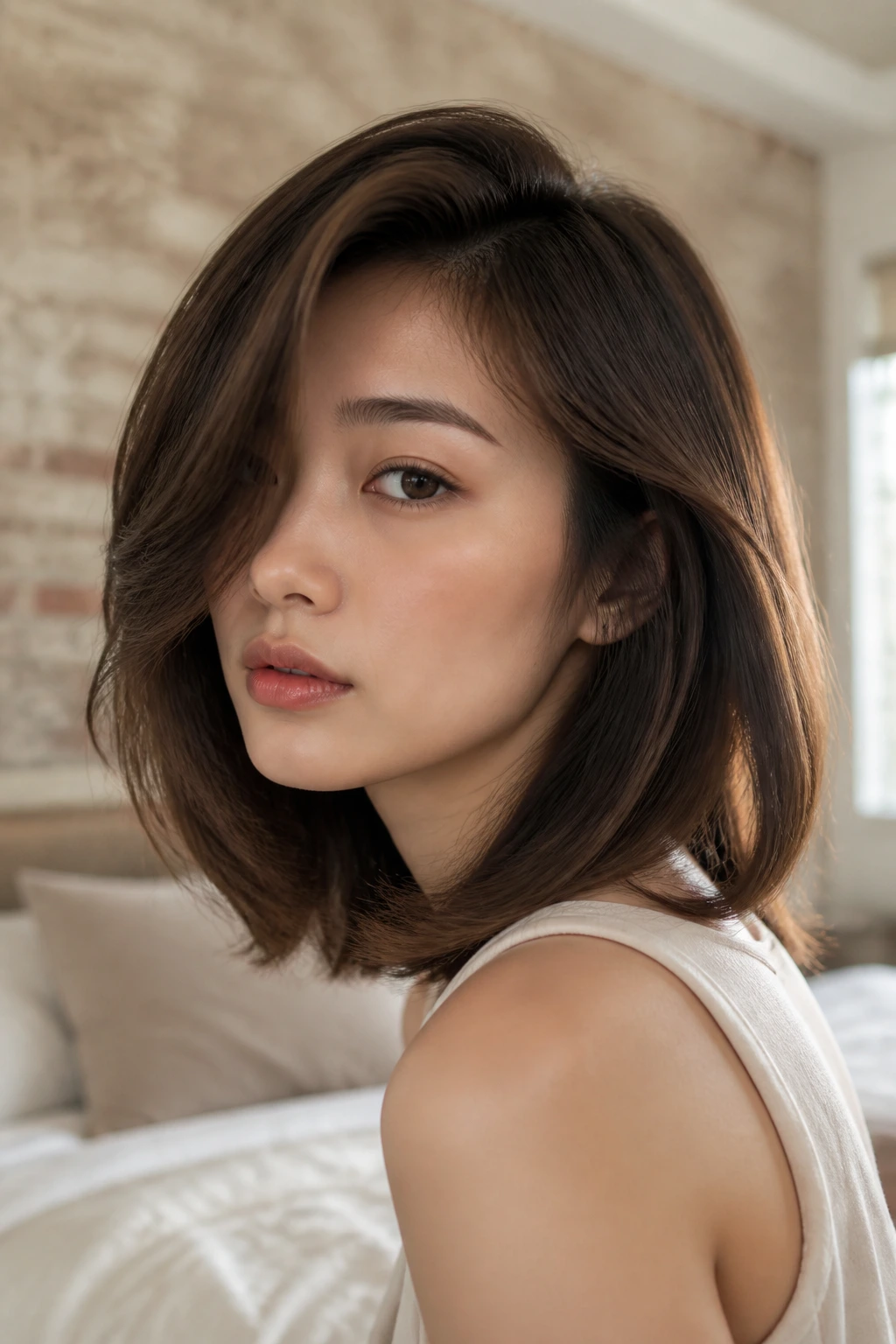 Close-up of a woman with a voluminous Blowout Volume Lob under natural window light