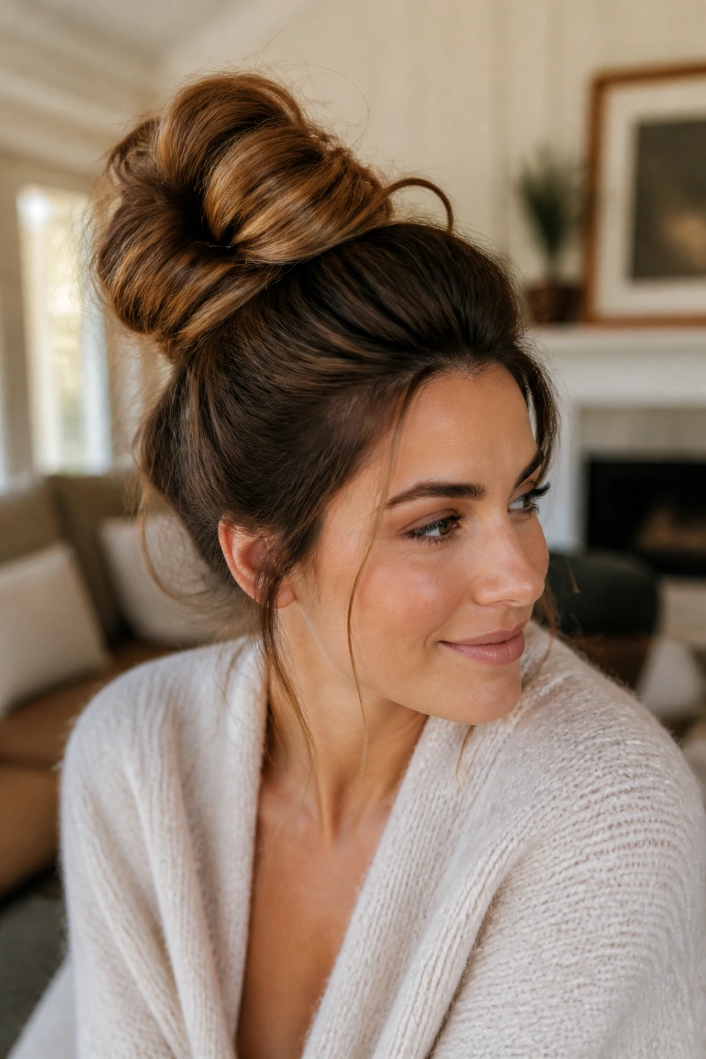Portrait of a real woman with a voluminous loose knot at the crown.