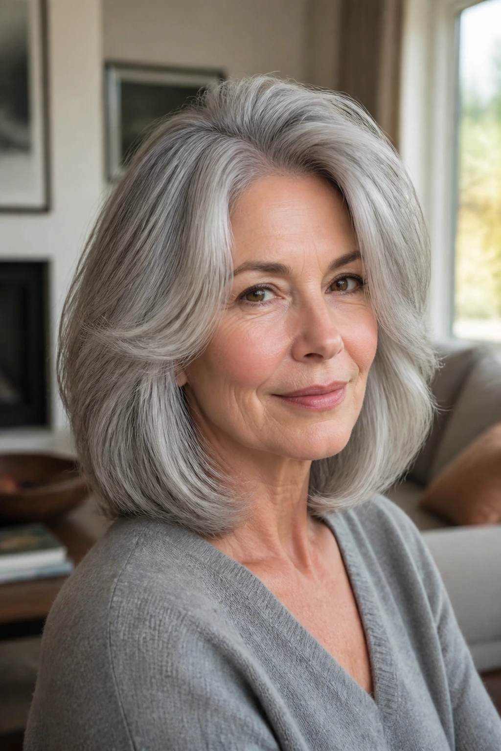 Close-up portrait of a woman with voluminous gray mid-length cut and crown lift