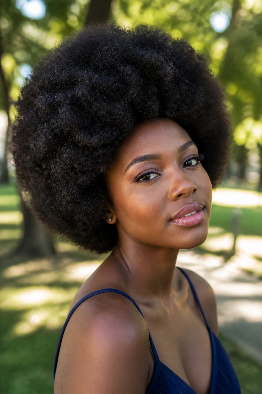 Close-up of a real woman with Voluminous Natural Afro hairstyle
