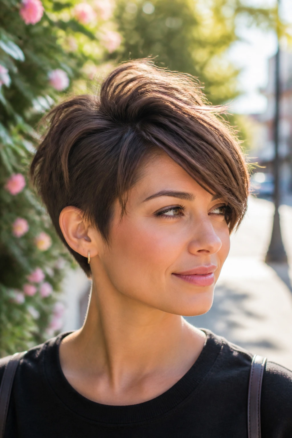 Portrait of a woman with voluminous pixie and long bang arc in outdoor light